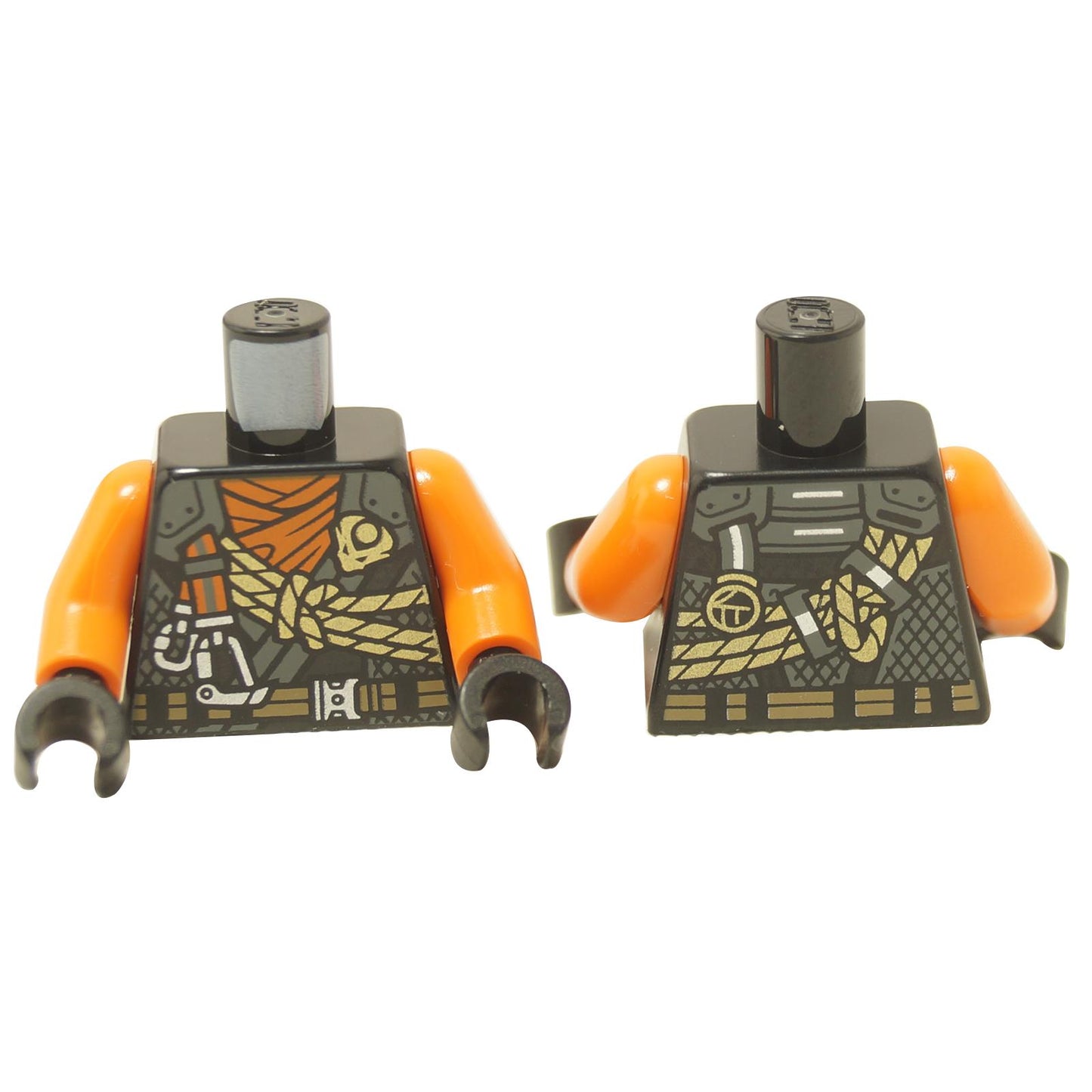 Black minifigure tunic torso with gold dragon and rope detailing, orange arms and dark mechanical print, front and back view

