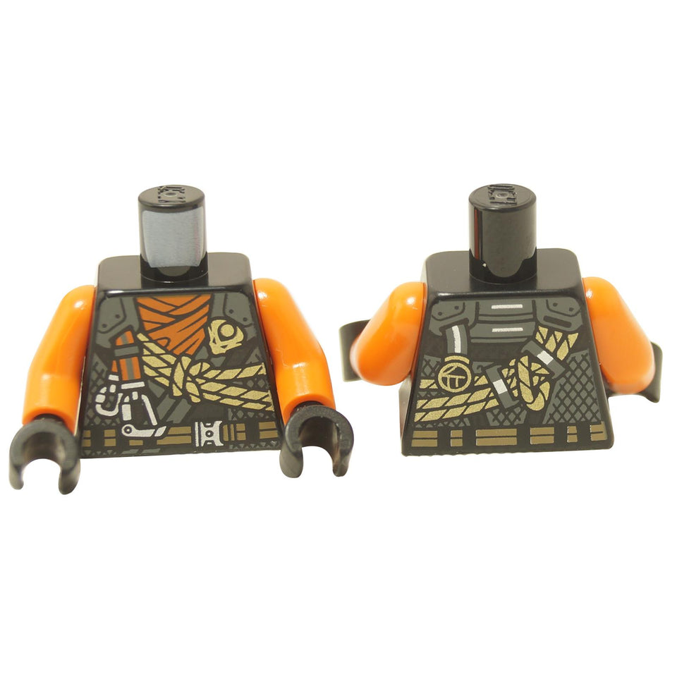 Black minifigure tunic torso with gold dragon and rope detailing, orange arms and dark mechanical print, front and back view

