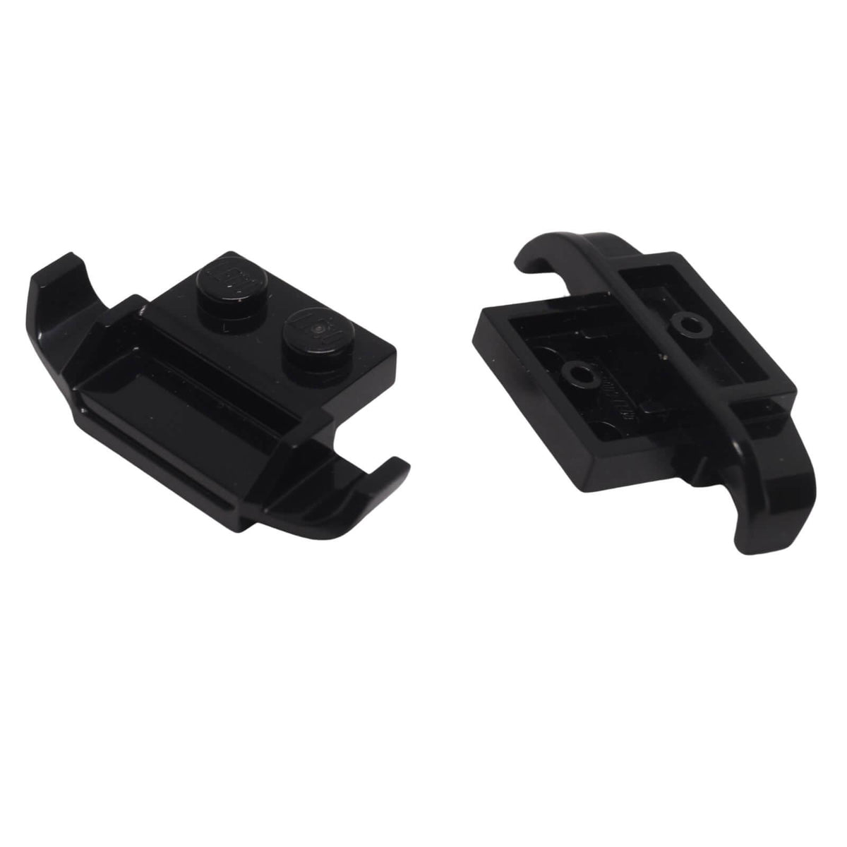 Black LEGO® modified plate 1 x 2 part 50949 shown top and underside with two studs and integrated Racers car grille