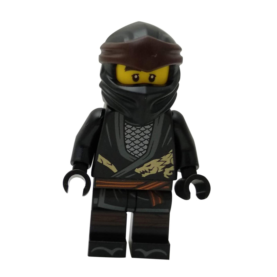 Black ninja minifigure with legacy outfit, face mask, gold dragon print and brown belt
