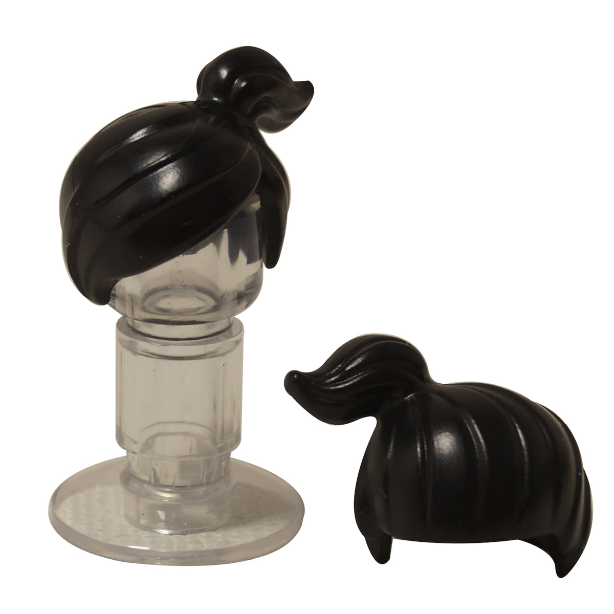Black LEGO® female ponytail hair piece 15427 shown front and back with off-centre swept fringe, layered strands and curved ponytail