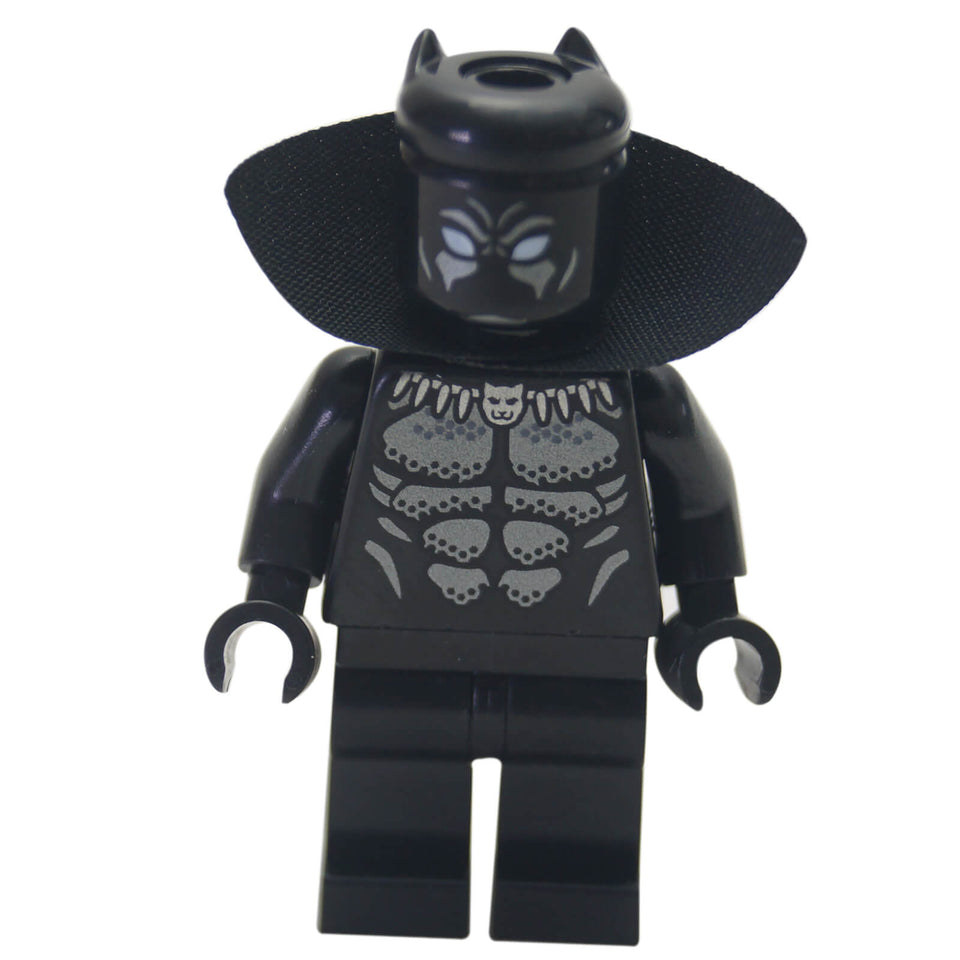 Black Panther minifigure with black collar cape and silver torso print

