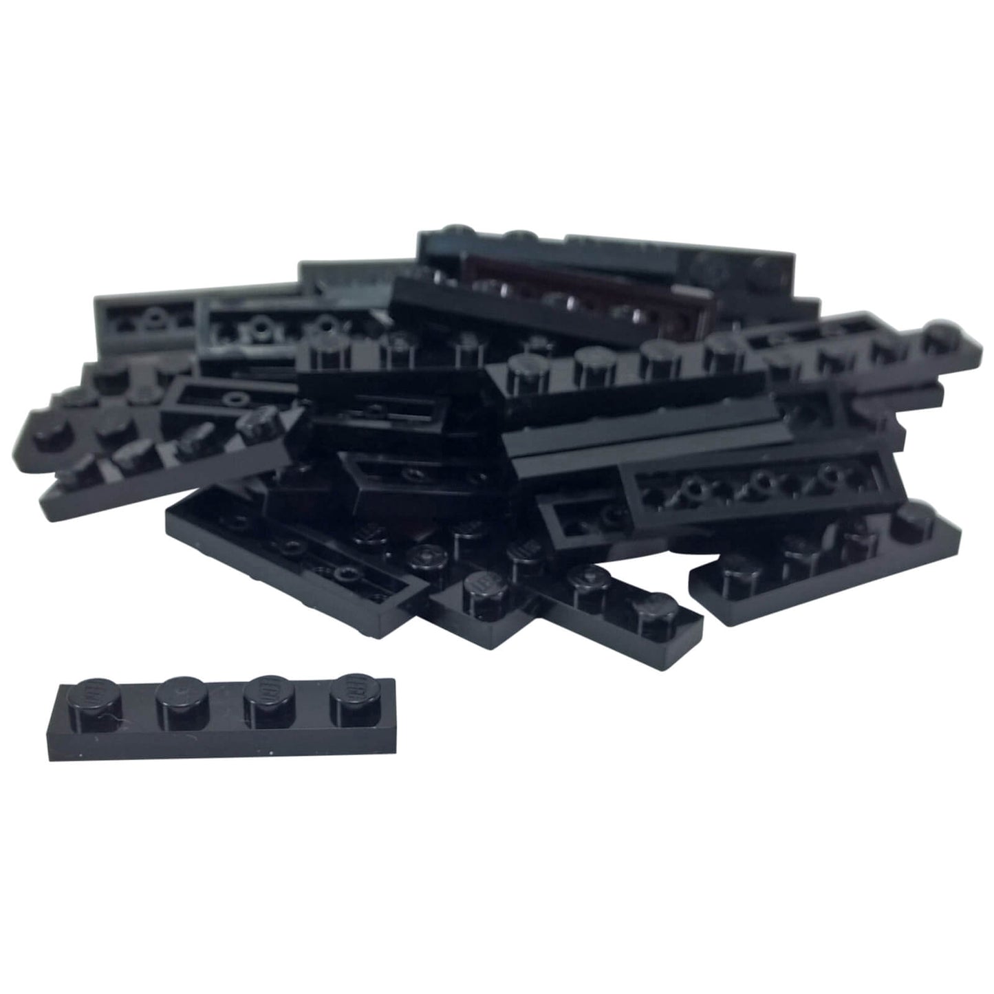 Black 1x4 plate building piece with four studs for detailed minifigure scale builds
