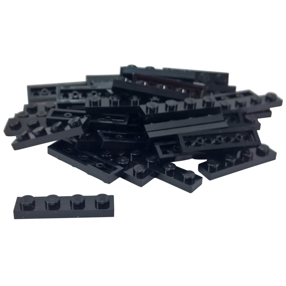 Black 1x4 plate building piece with four studs for detailed minifigure scale builds
