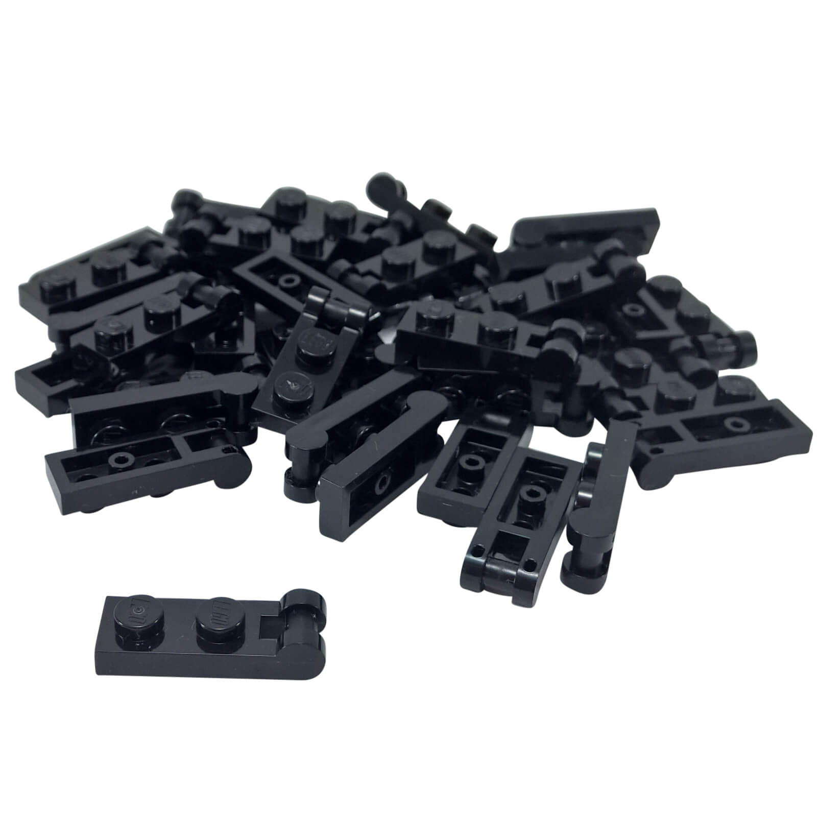 Black Plate Modified 1 x 2 with Handle on End and Closed Ends, part 60478, featuring a flat 1x2 plate base with an integrated end handle and smooth closed tips