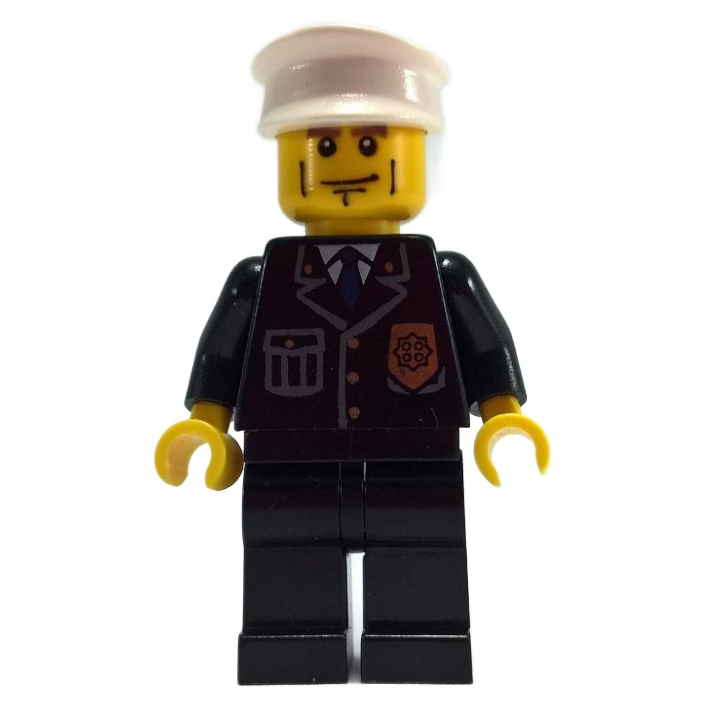 Police officer minifigure with white hat, black city suit uniform and badge print
