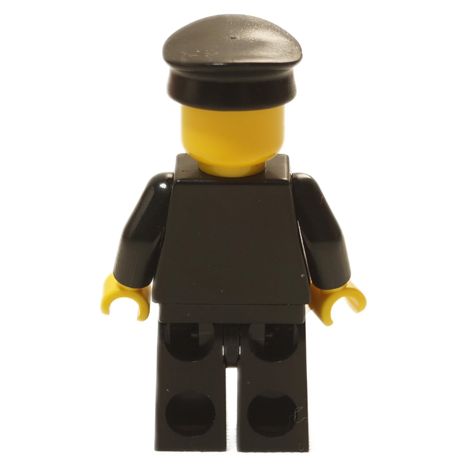 Back view of black police officer minifigure with black uniform and black cap
