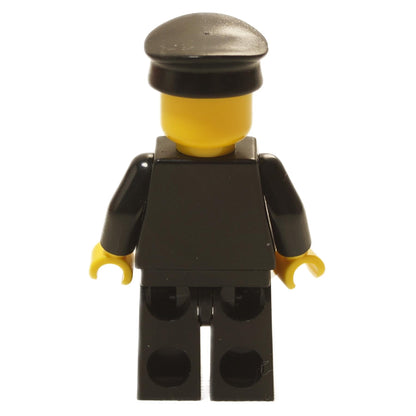 Back view of black police officer minifigure with black uniform and black cap
