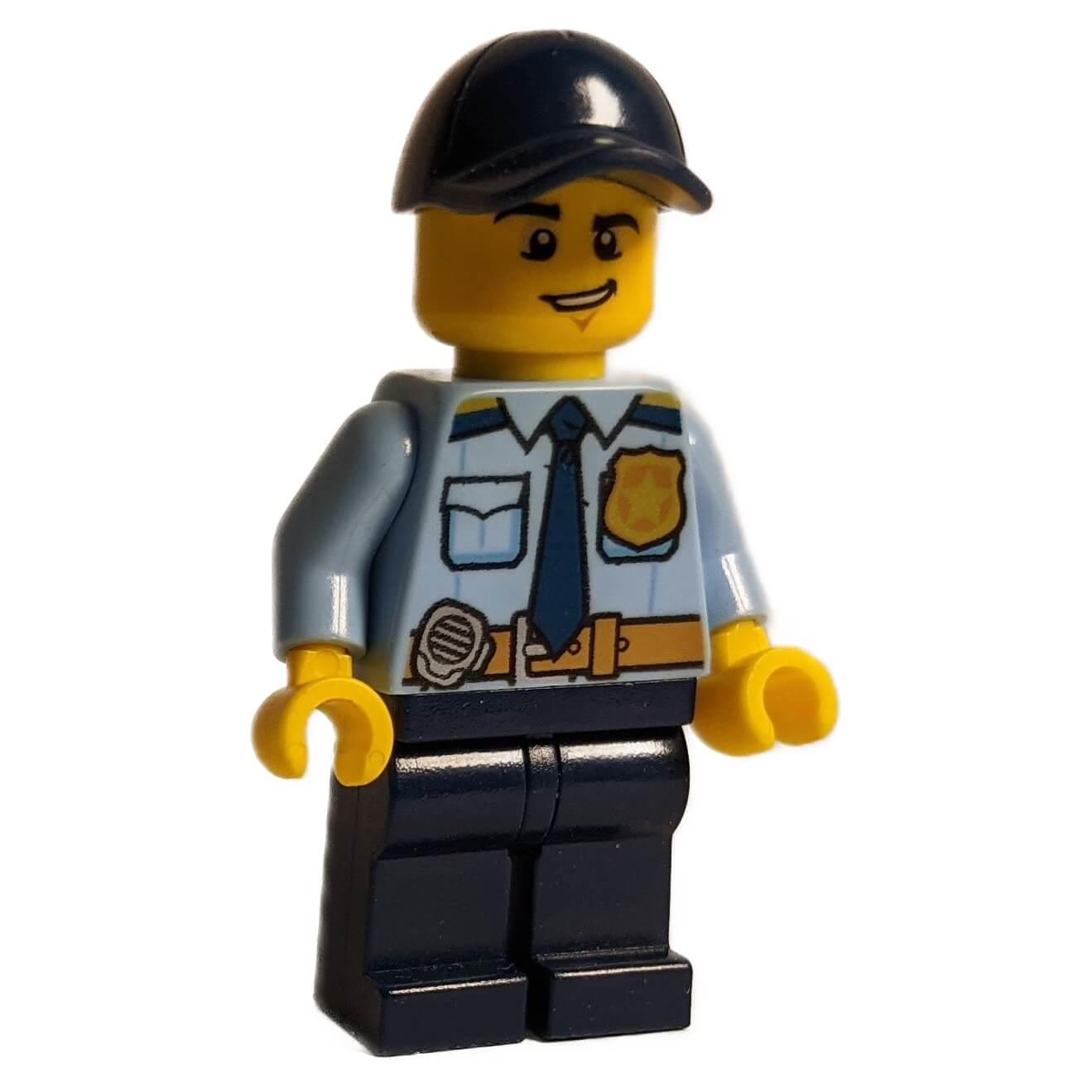 Police officer minifigure with black cap, blue uniform torso, radio belt and dark legs
