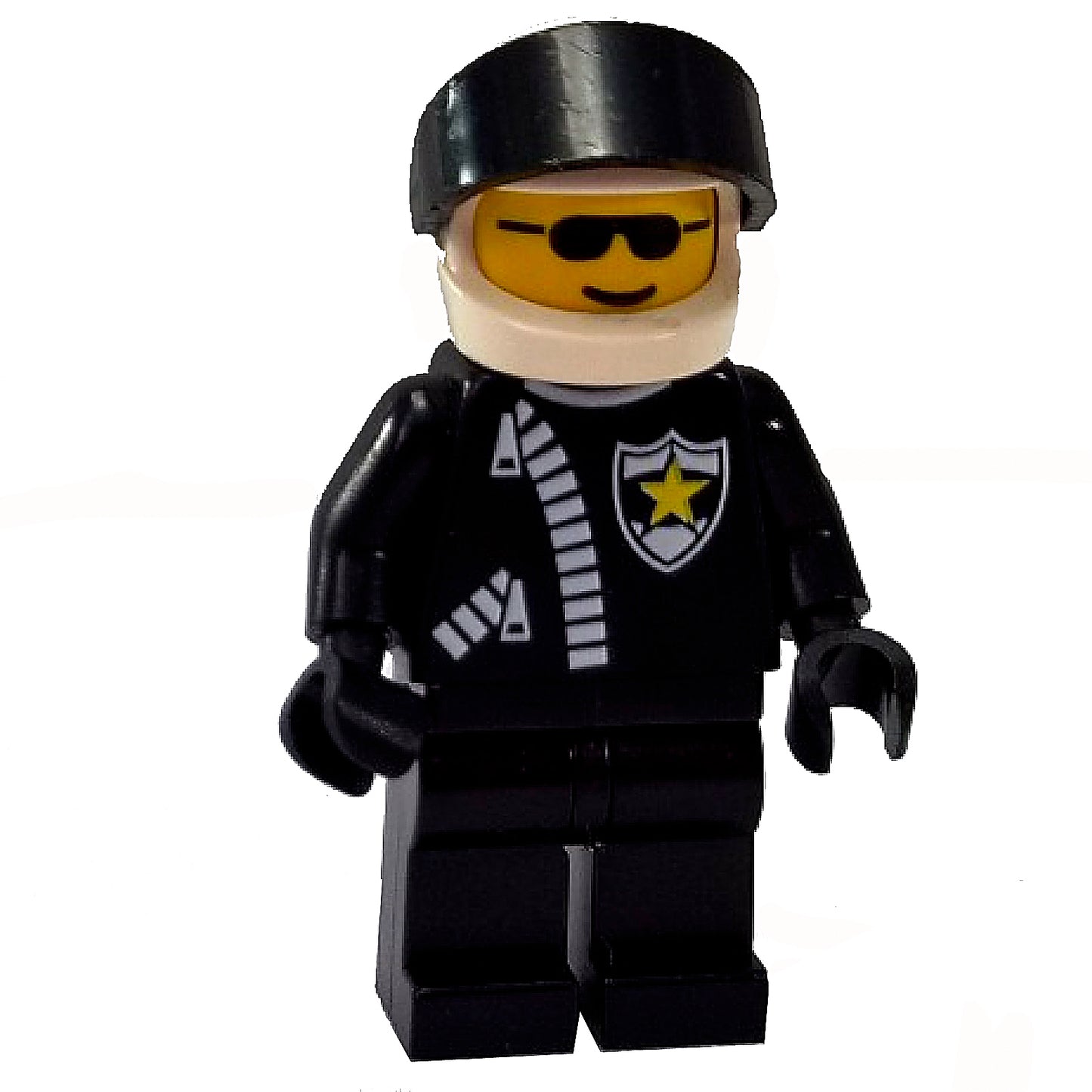 Black police officer minifigure with helmet, sunglasses face, badge print torso and black legs
