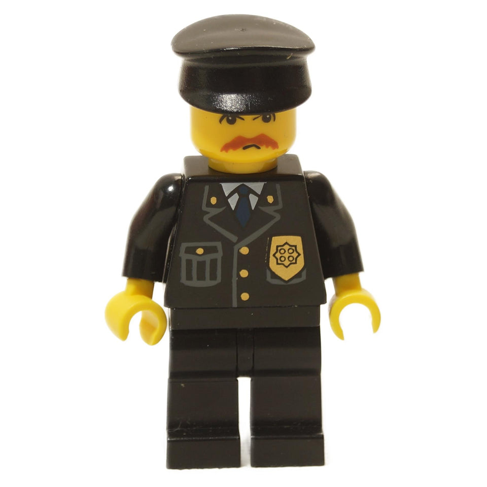 Black police officer minifigure with black cap, moustache face, badge suit torso and black legs
