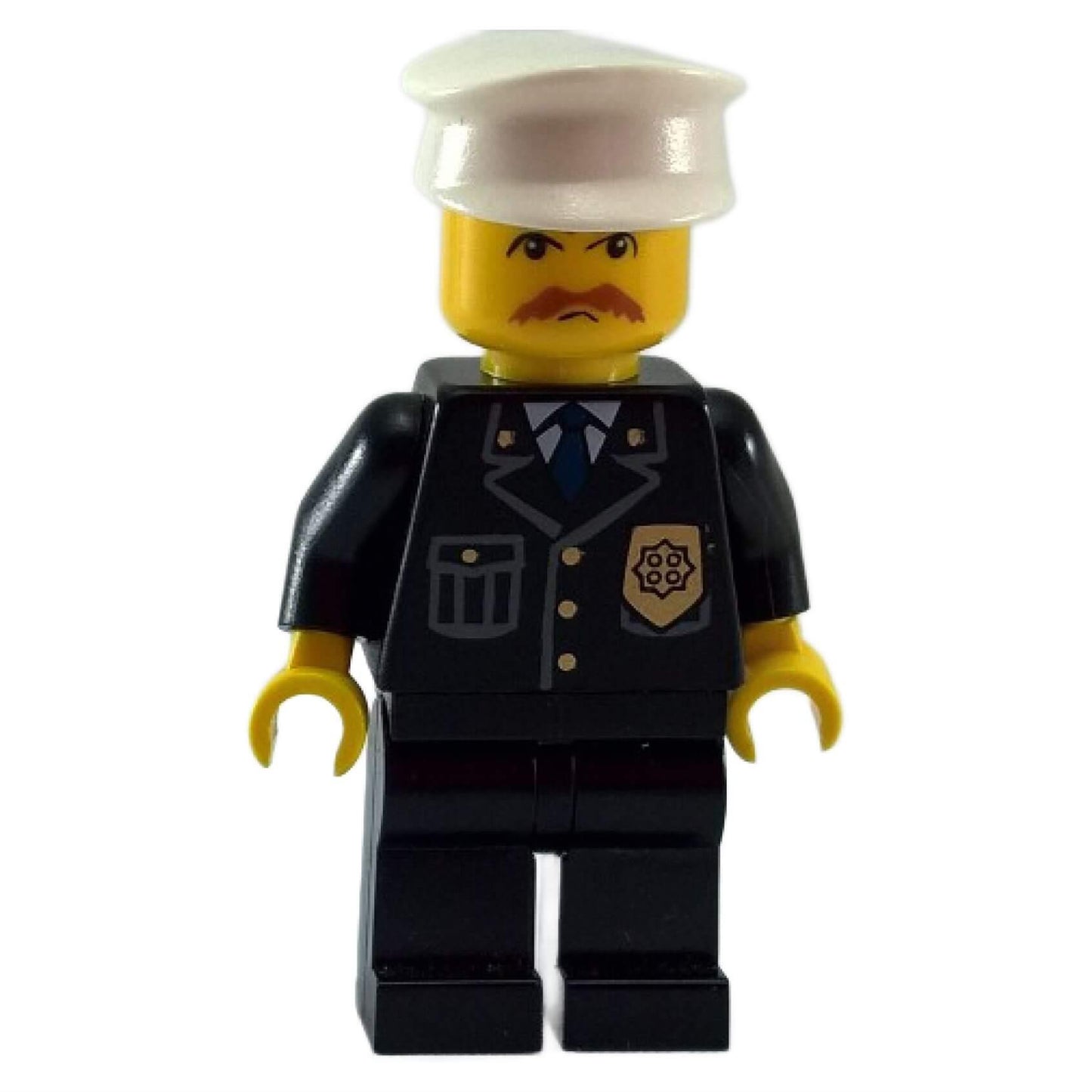 Police officer minifigure with white cap, black suit uniform and brown moustache face
