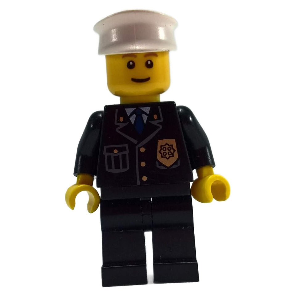 Police officer minifigure with white cap, black uniform suit torso and badge print
