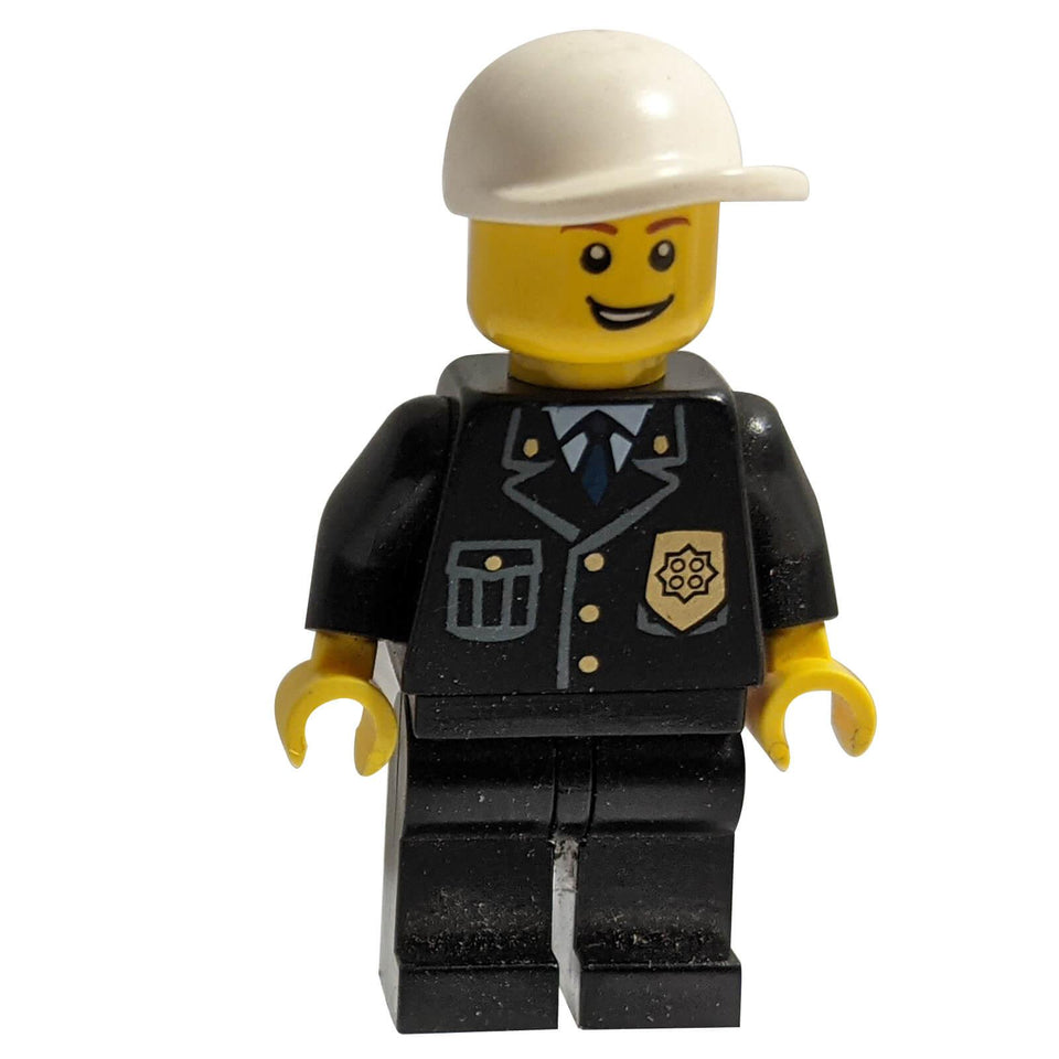 Police officer minifigure with white cap, black suit uniform and smiling face
