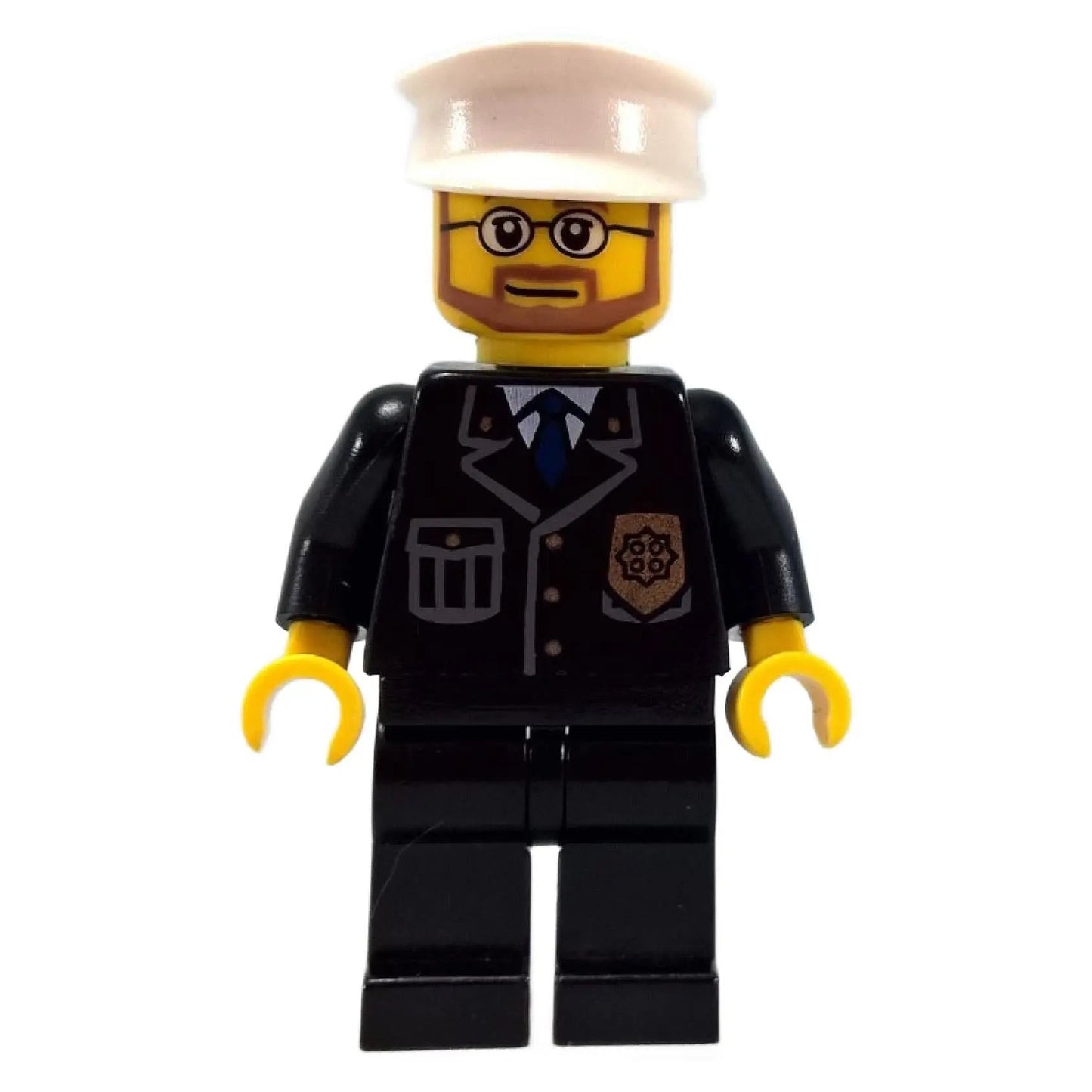 Police officer minifigure with white hat, glasses, black suit torso and badge print
