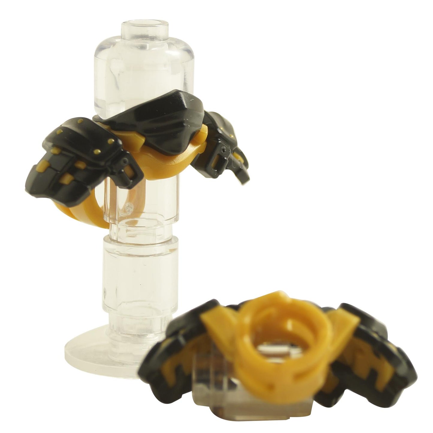 Black shoulder armor piece with dual katana sword scabbards for minifigure back attachment
