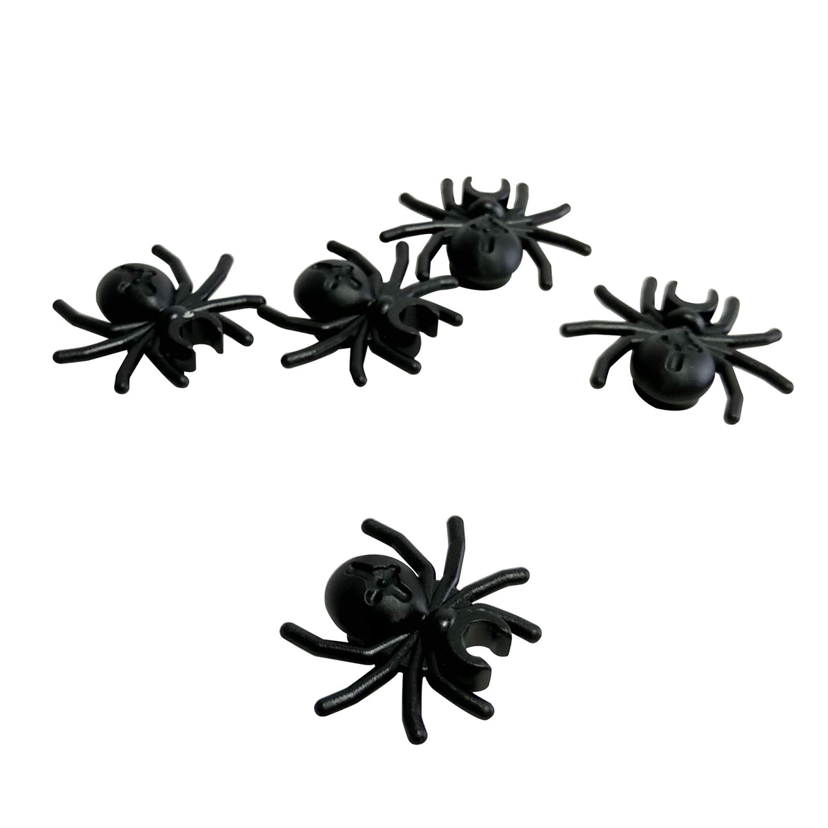 Black LEGO® spider part 30238 shown from two angles with eight legs, rounded abdomen and integrated clip connection
