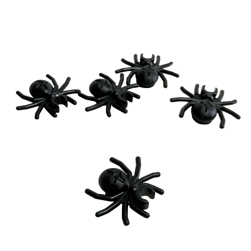 Black LEGO® spider part 30238 shown from two angles with eight legs, rounded abdomen and integrated clip connection
