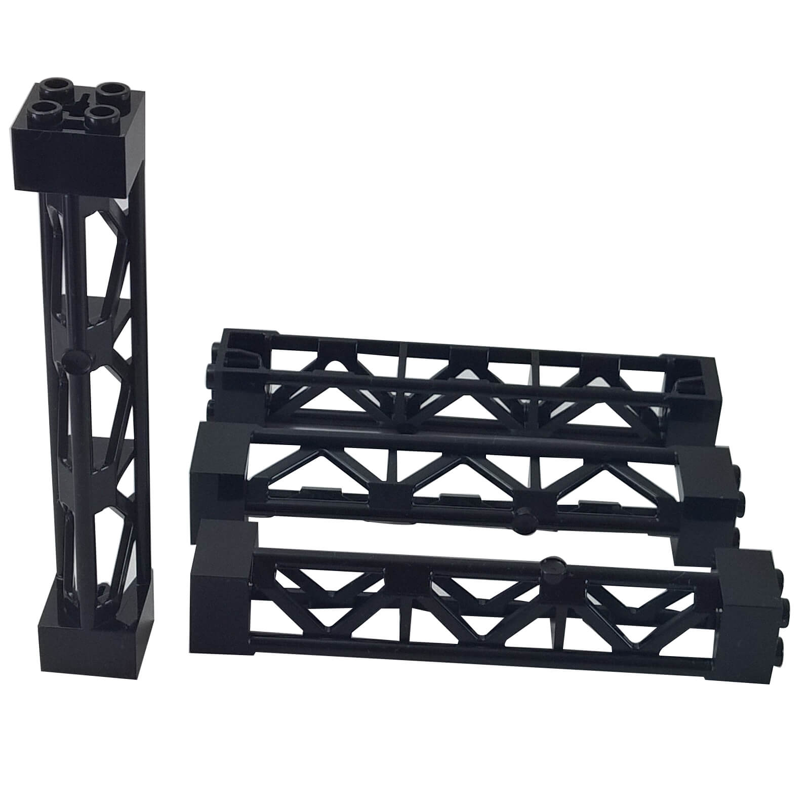 Black triangular vertical girder support 2x2x10, lattice frame element for structural builds and scaffolding.
