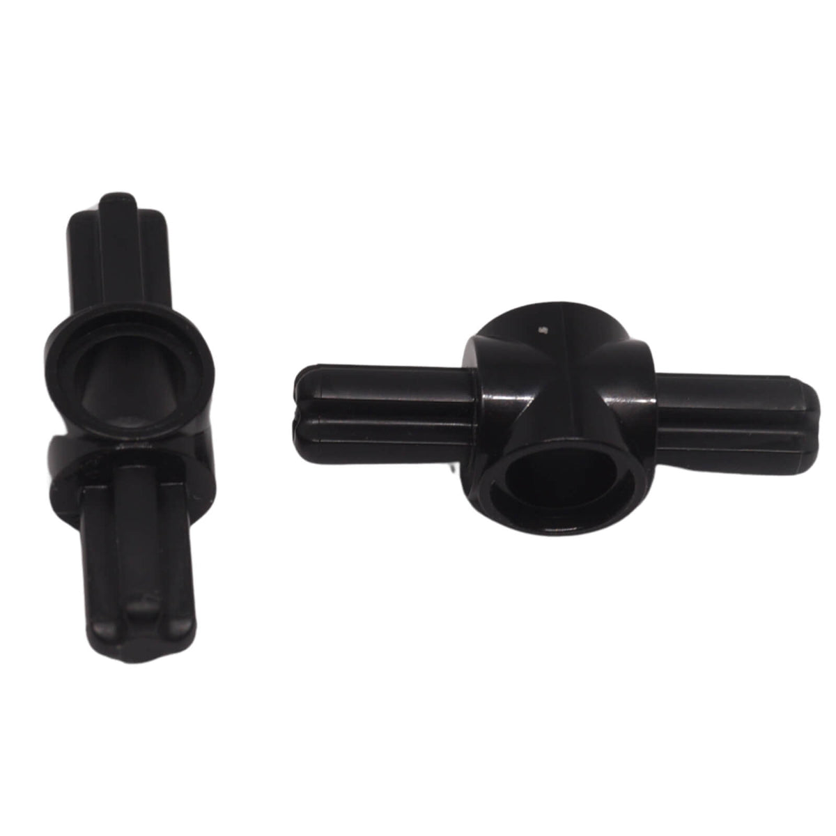 Black LEGO® Technic axle and pin connector hub 27940 shown from two angles with two opposite axle ends and central round connection