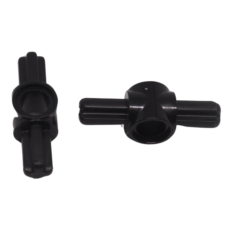 Black LEGO® Technic axle and pin connector hub 27940 shown from two angles with two opposite axle ends and central round connection