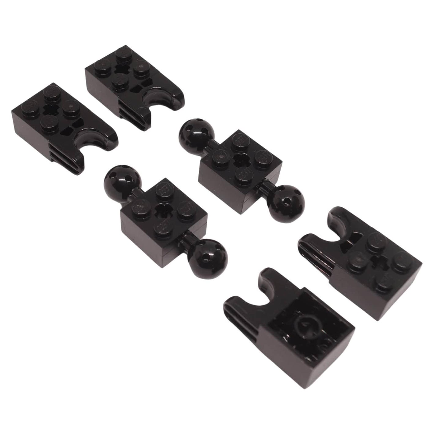 Black LEGO Technic ball joint and socket parts 17114 and 67696 shown from multiple angles