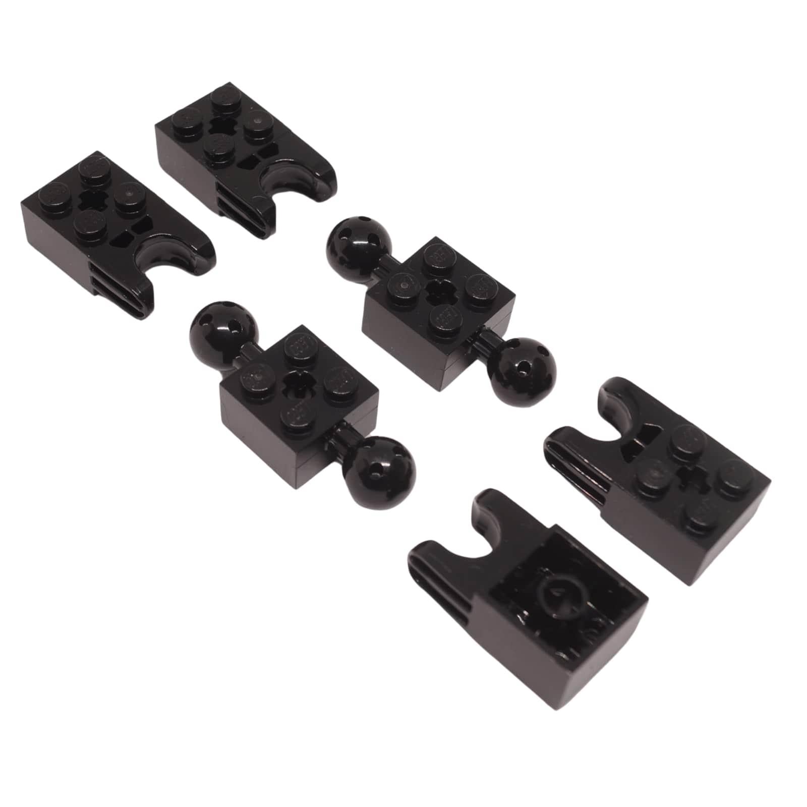 Black LEGO Technic ball joint and socket parts 17114 and 67696 shown from multiple angles
