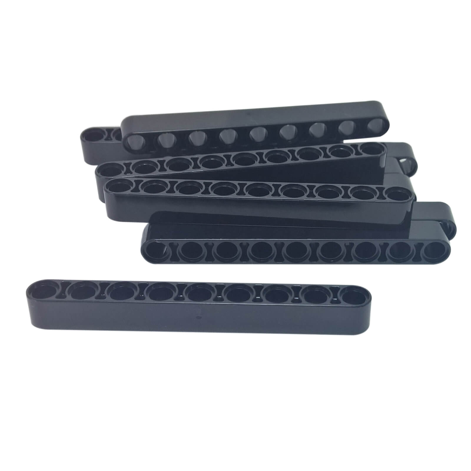 Black Technic liftarm 1 x 9 thick beam with evenly spaced pin holes, structural connector piece for builds

