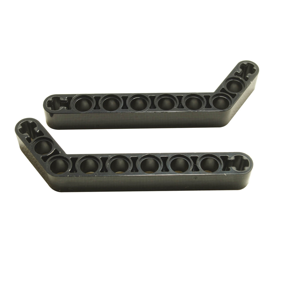 Black Technic modified liftarm bent thick 1x9 (7-3), angled beam with pin holes for Technic builds.
