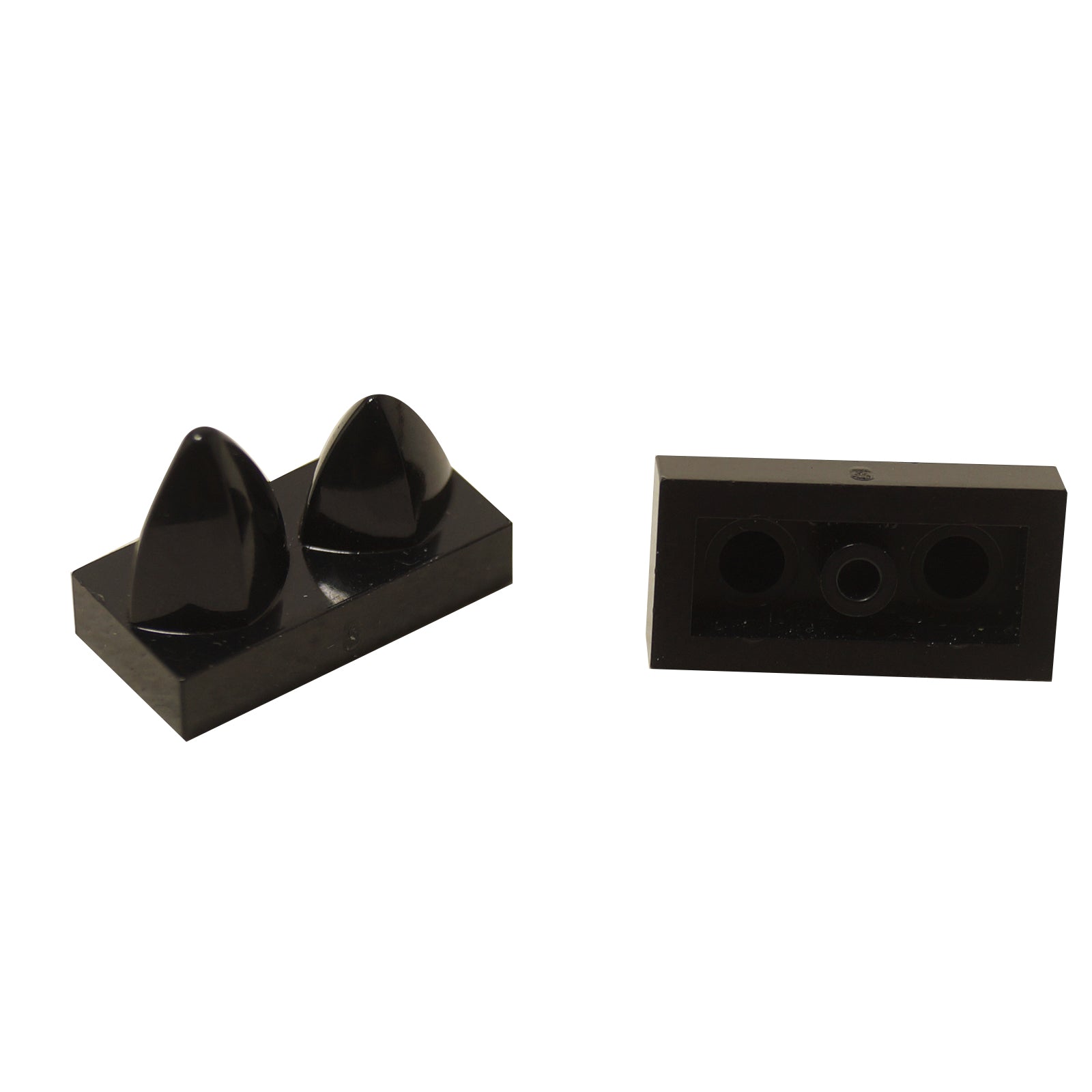 Black modified Tile 1 x 2 with 2 vertical teeth for grilles, texture details, and compact mechanical builds
