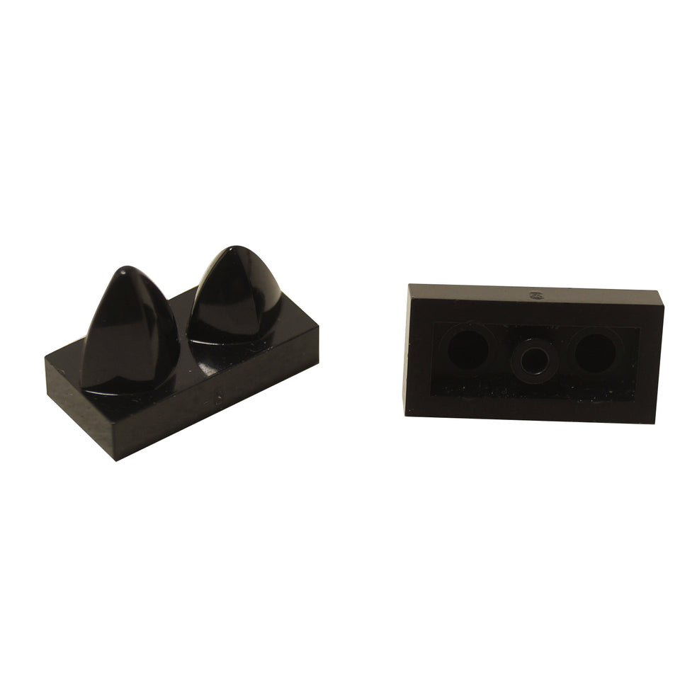 Black modified Tile 1 x 2 with 2 vertical teeth for grilles, texture details, and compact mechanical builds

