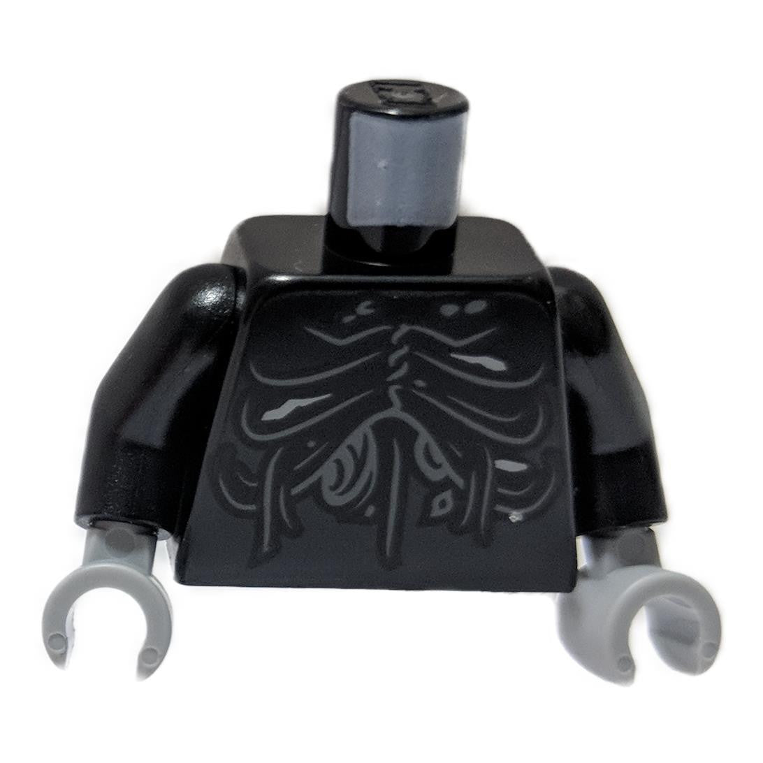 Torso LEGO negro con patrón de llagas, manos grises, vista frontal