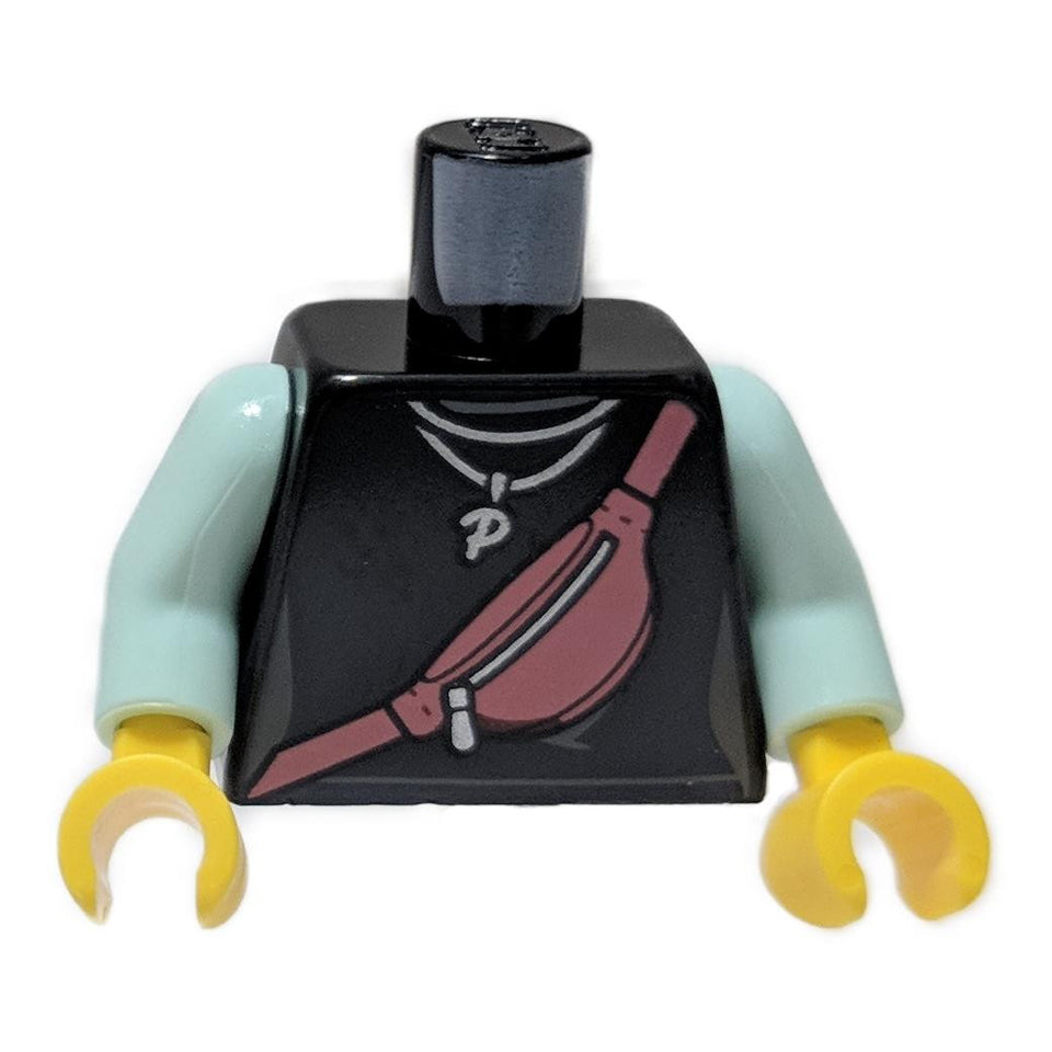 LEGO black female torso with coral crossbody bag and silver P necklace print 973pb3639c01 front view