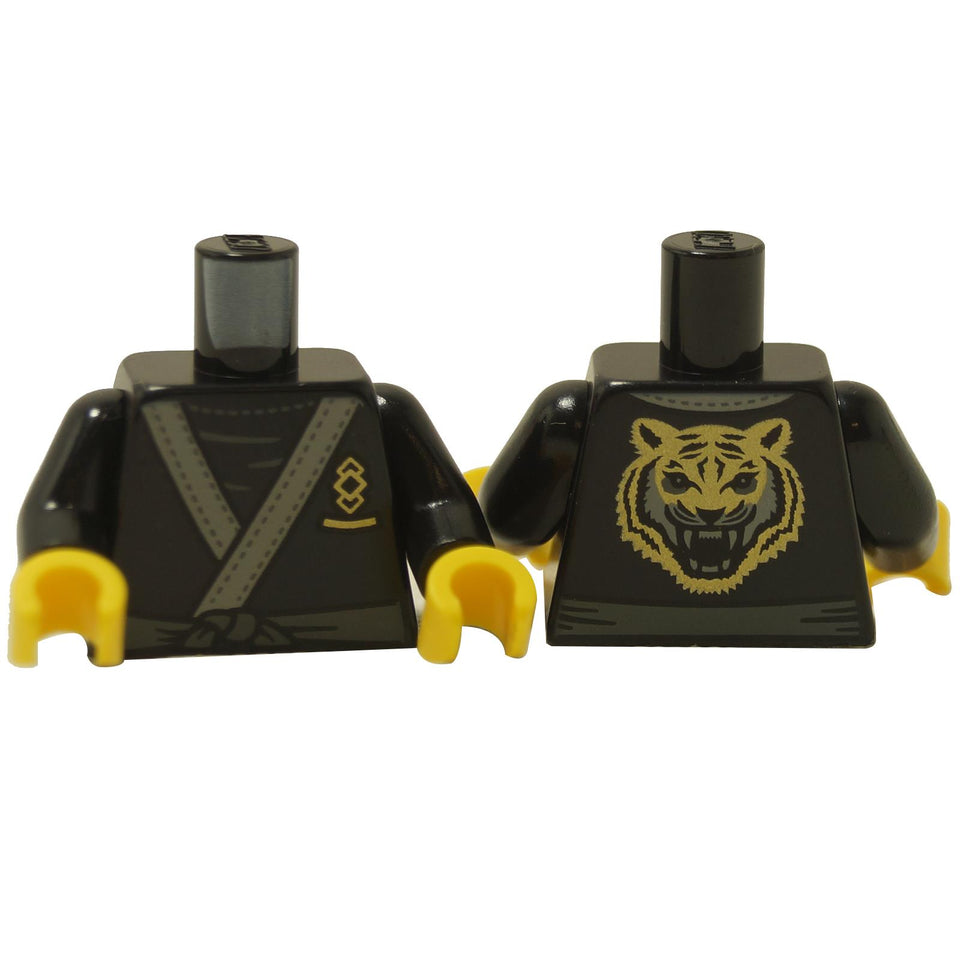 LEGO® torso with black martial arts uniform print, yellow belt detail, and golden tiger face design on the back.