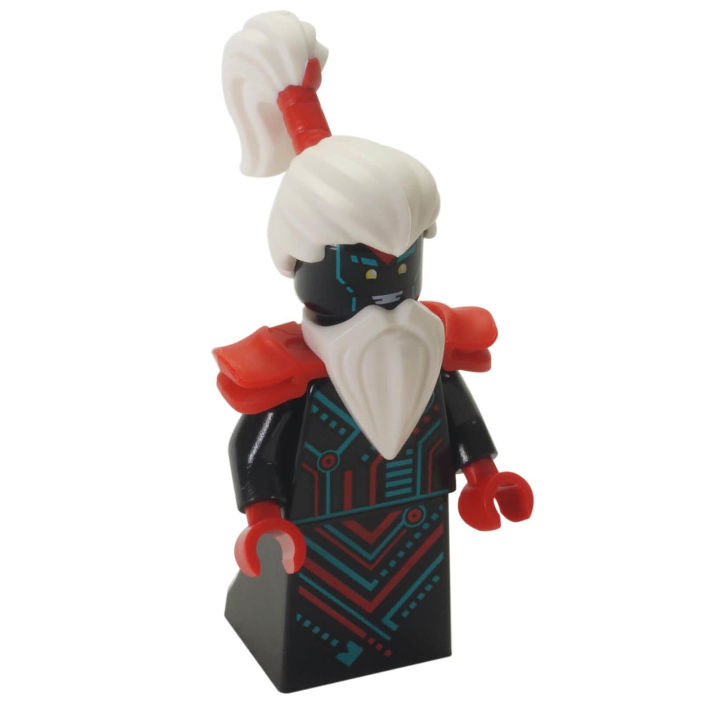 Unagami minifigure with black digital suit, red shoulder armor and white beard with ponytail
