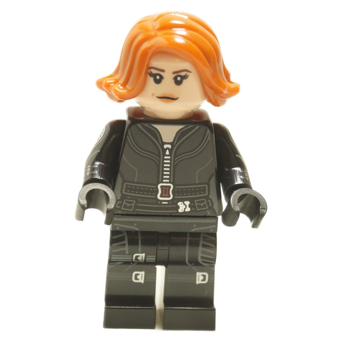 LEGO Black Widow minifigure, black jumpsuit, dark orange hair, front view