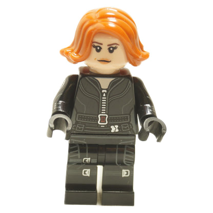 LEGO Black Widow minifigure, black jumpsuit, dark orange hair, front view