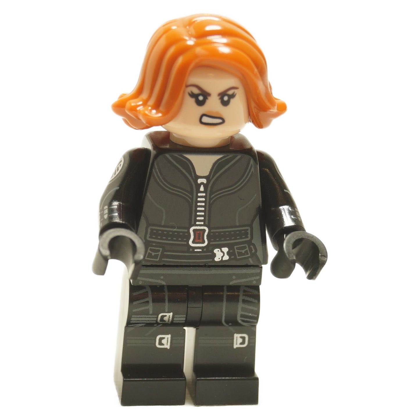 LEGO Black Widow minifigure in black jumpsuit, front view