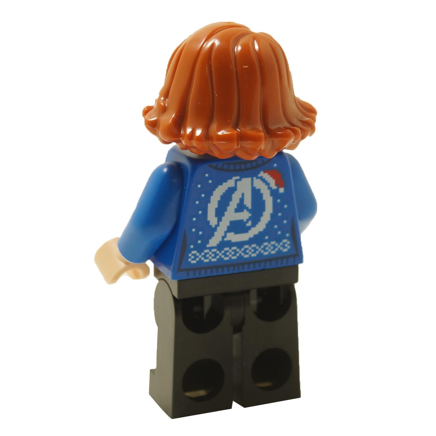 LEGO Black Widow minifigure back view, blue Avengers Christmas sweater.