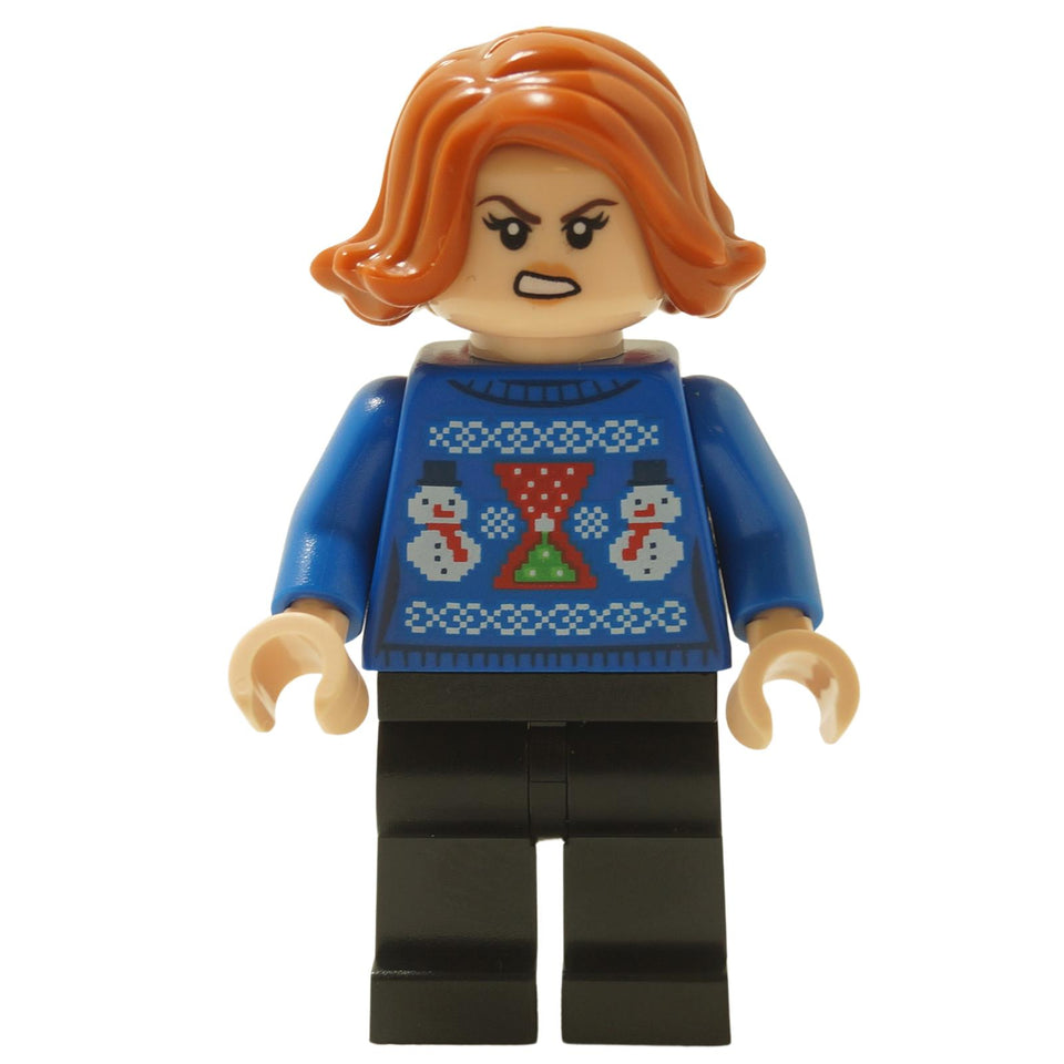 LEGO Black Widow minifigure in blue Christmas sweater, angry face, front view