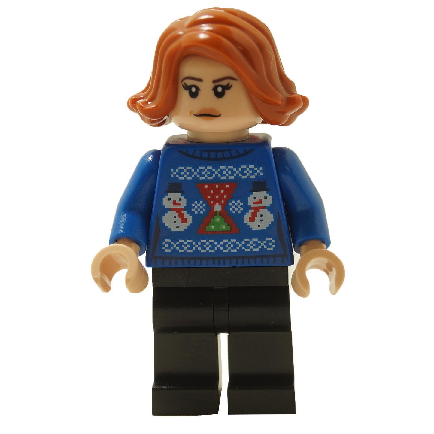 LEGO Black Widow minifigure in blue Christmas sweater, front view