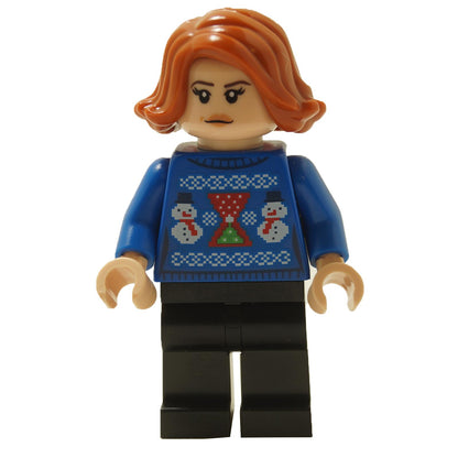LEGO Black Widow minifigure in blue Christmas sweater, front view