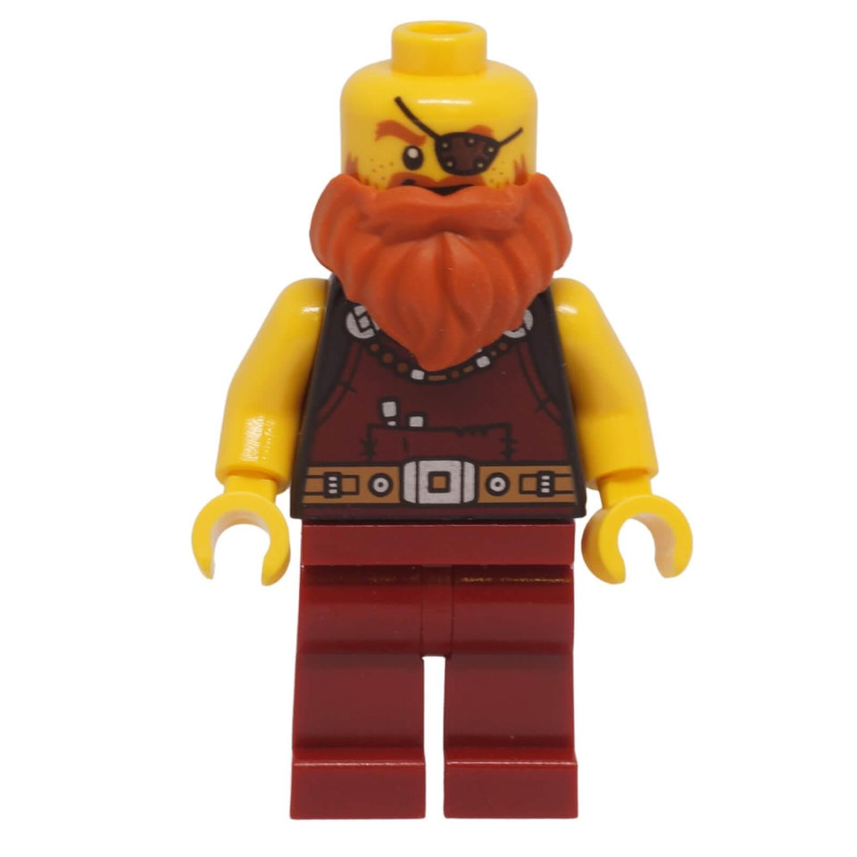 LEGO blacksmith minifigure with orange beard eyepatch and dark red workwear