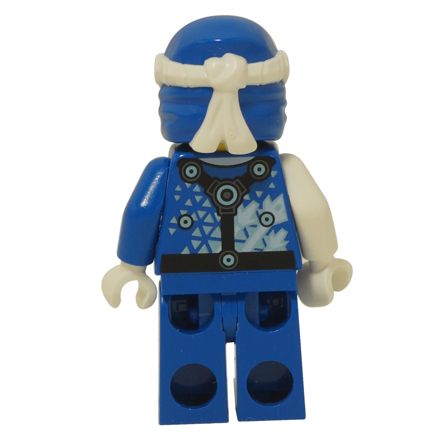 Back view of blue Digi Jay minifigure with digital armor print and head wrap
