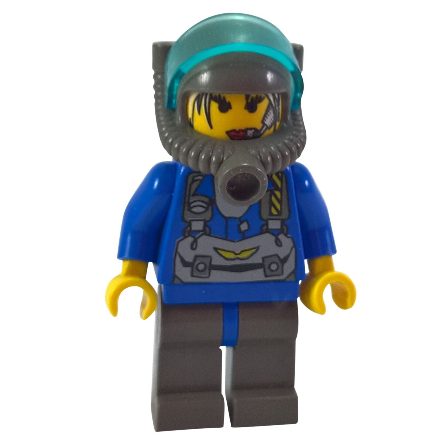 Jet pilot minifigure with blue suit, gray breathing mask and trans light blue visor helmet
