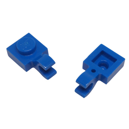 Blue LEGO® modified plate 1 x 1 part 61252 shown from two angles with single stud and open horizontal O clip