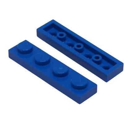 Blue 1x4 plate building piece with four studs for minifigure scale constructions
