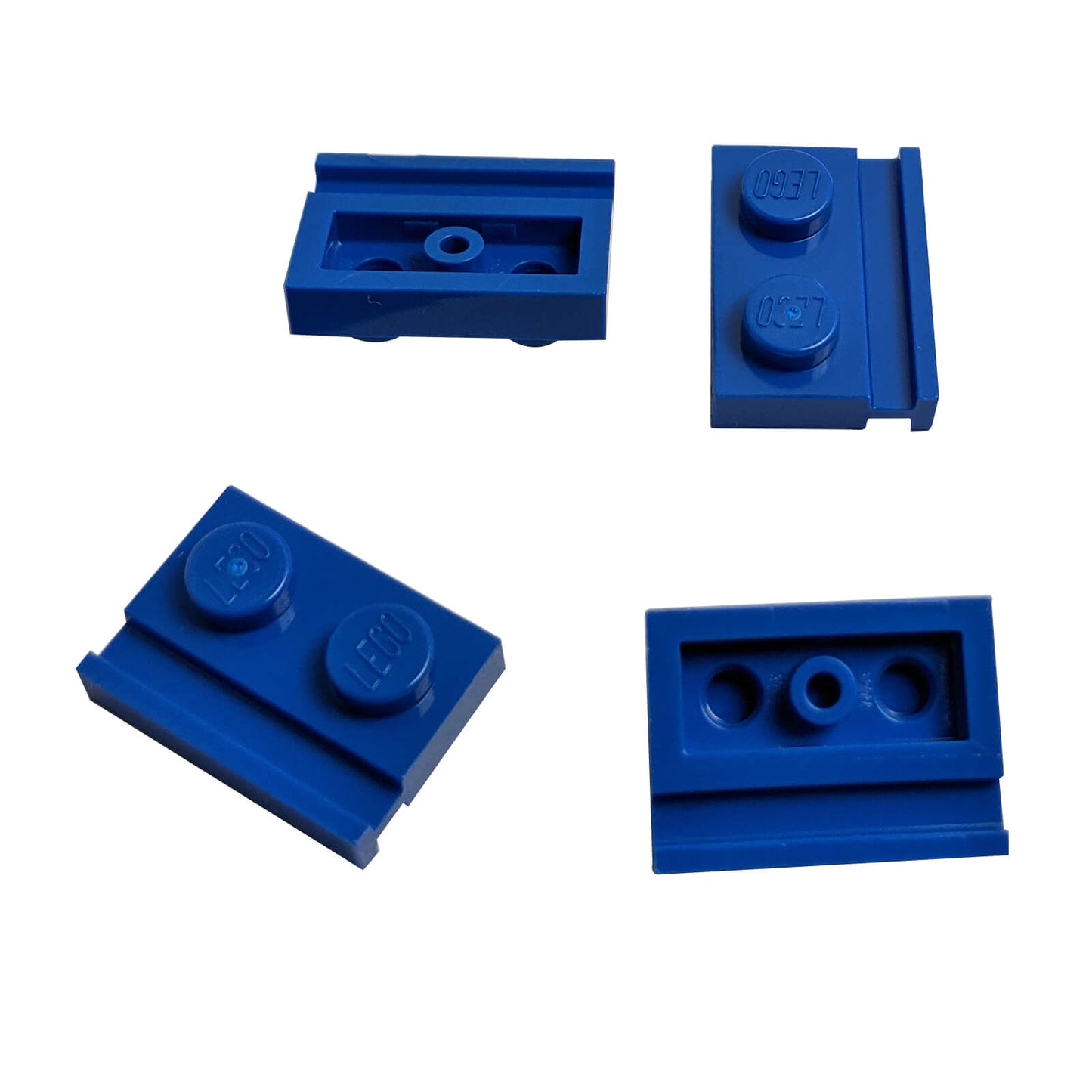 Blue modified Plate 1 x 2 with door rail for sliding doors, track guides, and compact wall builds
