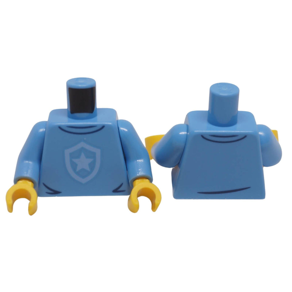 Blue LEGO® police torso 973pb5061c01 shown front and back with bright light blue star badge, dark blue collar, blue arms and yellow hands