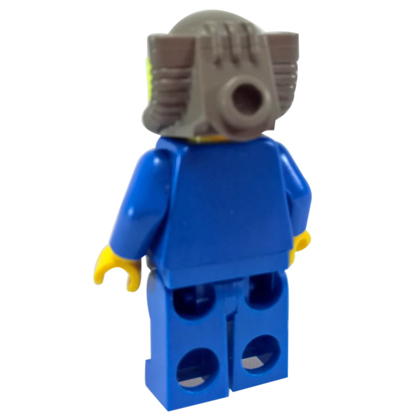 Back view of Rock Raiders Jet minifigure with blue suit and gray breathing helmet
